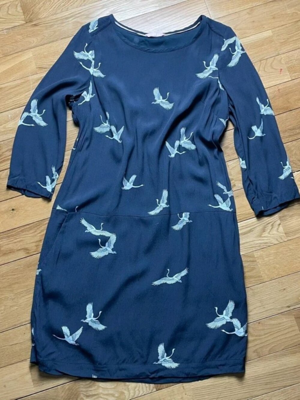 Joules crane bird print dress navy blue viscose shift dress  10 long sleeve midi
